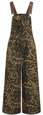 CIDER Overalls for Women Denim Leopard Pocket Buckle Up Wide Leg Jumpsuit: Tan, L