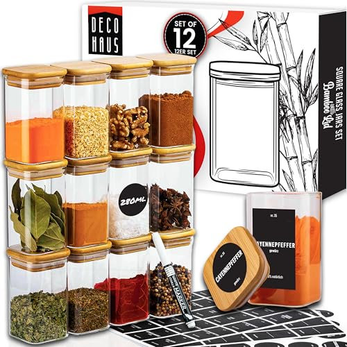 Deco haus® Juego de 12 tarros de especias rectangulares con etiquetas, juego de tarros de especias con tapa de madera, para guardar especias, recipiente para especias