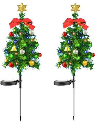 Solar Christmas Tree Lights, Set of 2 Christmas Solar Pathway Lights, Christmas Tree Lighting Outdoor Waterproof with Bow and Bell, Garden Stake Light for Pathway, Lawn, Patio Decoration