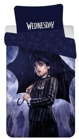 Wednesday Addams Rain Bettwäsche 140x200 + Kissenbezug Baumwolle | Wendebettwäsche Einzelbett | Naturbaumwolle atmungsaktiv Oeko-Tex | Offizielle Lizenz | Jugendliche | Geschenk