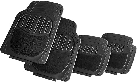 +PWR Car Parts Set di tappeti di gomma e moquette per auto universali. 94% PVC 6% Poliestere, dimensioni 73x49 cm / 49x43,5 cm. Antiscivolo e rifilabile. Protegge il pavimento originale.