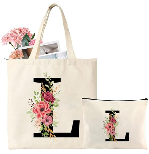 Personalized Initial Cotton Tote Bag, Canvas Reusable Shopping Bags with Makeup Bags, Gifts for Women, Mom, Teachers, Nurses, Best Friends, Bridesmaids, Monogrammed Gifts for Wedding, Birthday(L)