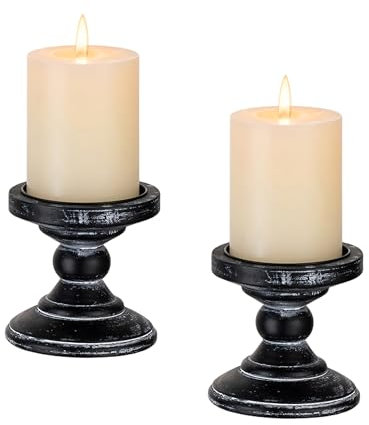 Inweder Bougeoir en Bois Noir: 2 Bougeoirs Rustiques pour Décoration Maison Salon Supports pour Bougies Piliers Centre de Table Photophores pour Halloween Noël Manteau de Cheminée