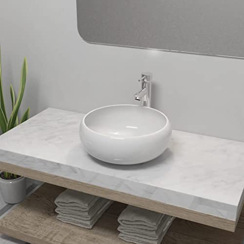 Xichuzi Lavabo de Baño Redondo con Grifo Mezclador, Lavabo sobre Encimera, Lavabo Baño, Muebles De Baño, Mueble Lavabo, cerámica Blanco