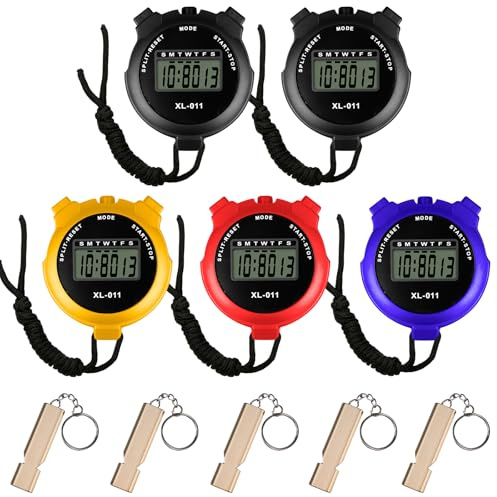 GOEDCH 5 Cronometri sportivi digitali con 5 fischietti, grande schermo LCD, cronometro digitale multi-funzione, cronografo portatile per nuoto, corsa e allenamento sportivo