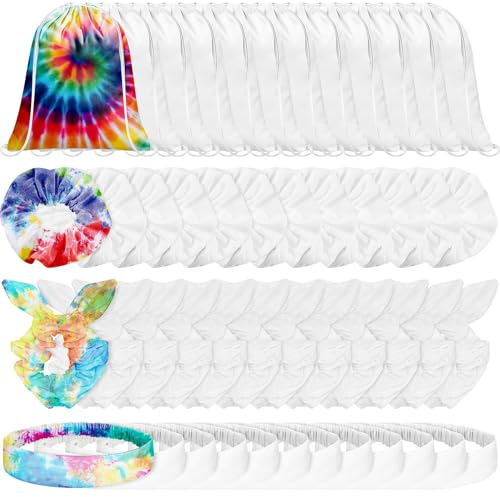 48 Pcs Tie Dye Party Supplies Includes 12 Cotton Drawstring Backpacks 12 White Scrunchies 12 Bow Hair Ties 12 Elastic Headbands, White Cotton Hair Accessories for Women DIY Tie Dye