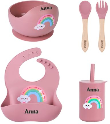 TYRY.HU Silicone Set di Stoviglie con Nome Personalizzata per Bambini, Include Ciotole,Cucchiaio e Forchetta,Set Pappa Svezzamento,Piatto per Lo Svezzamento e L'Alimentazione