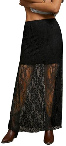 GORGLITTER Hosenrock Damen Lang Elegant Spitzenrock Sommer Rock Mit Hose Drunter Festival Outfit Maxirock Langer Rock Mit Spitze Partyrock Schwarz M