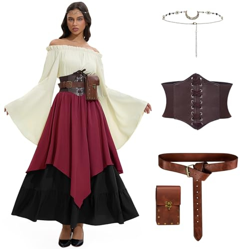 LumenVela Vestito Medievale Donna, Abito Medievale Donna con Corsetto, Marsupio, Copricapo, Cintura, Abito da Rinascimentale Medievale per Carnevale Halloween Cosplay (Rosso, S)
