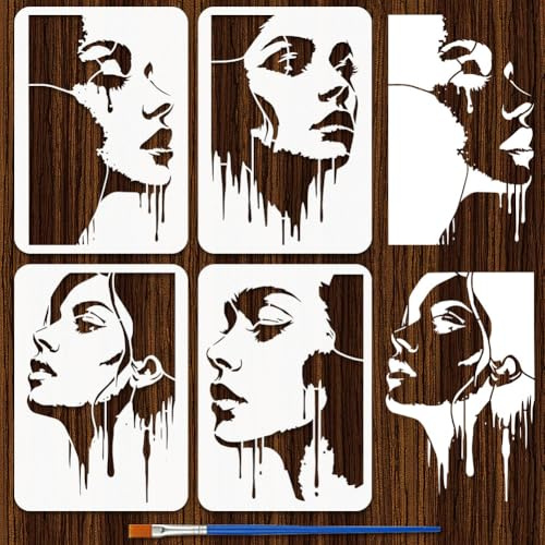 FINGERINSPIRE 4 Stili Stencil Donna con Pennello, 21x29.7cm Goccia D'Acqua Stencil Riutilizzabili Modelli Ritratto PET Set di Stencil Viso Donna per Arredamento Casa Legno Parete Fai da Te Artigianato
