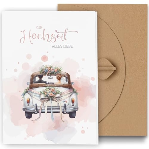 Legezon Hochzeitskarte mit Umschlag – Stilvolle Glückwunschkarte zur Hochzeit mit Hochzeitsauto Motiv, romantische Klappkarte für das Brautpaar