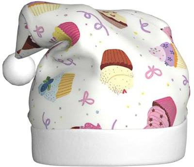 AYYQWE Gorro de Papá Noel con estampado de deliciosos cupcakes para hombres y mujeres, decoración de fiesta, Año Nuevo, festividades, celebraciones, gorro de Navidad