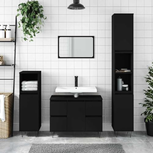 Runheo Badrumsskåp, svart 80 x 33 x 60 cm, trämaterial, med dörr och 4 lådor, flexibel dörrmontering, järnfötter för badrum, handfatsskåp, under diskbänk