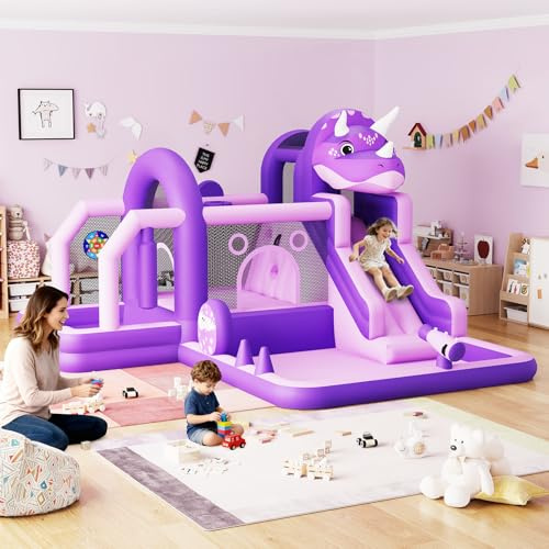 Inflatable Dinosaur Bounce House with Slide and Air Blower, Large Oxford Cloth Jumping Castle 382×375×254 cm, Durable Sewn Bouncy House with Safety Net for Kids, Indoor & Outdoor Fun