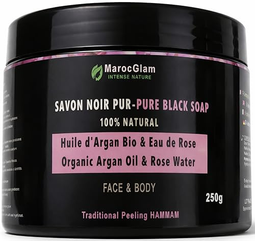 Savon Noir gommage 250g, à l'huile d'Argan Bio et à L'EAU DE ROSE pure, Gommage Traditionnel 100% Naturel Corps et Visage Purifiant MAROC GLAM