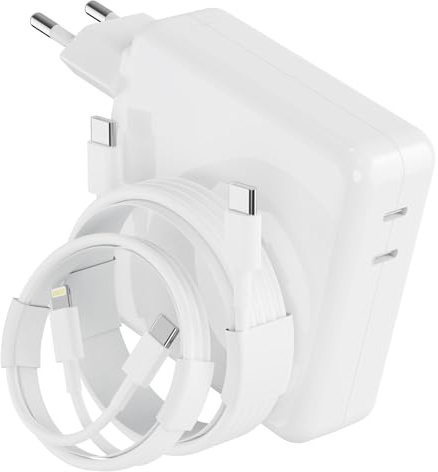 Cargador USB C 116W Doble Puerto, 96W+20W Carga rápida PD, Compatible con MacBook Pro 13/14/15/16 y Air 13/15 (2016-2026, M1-M5), iPhone, iPad. Incluye Cables 2M USB-C a C y 1M USB-C a Lightning