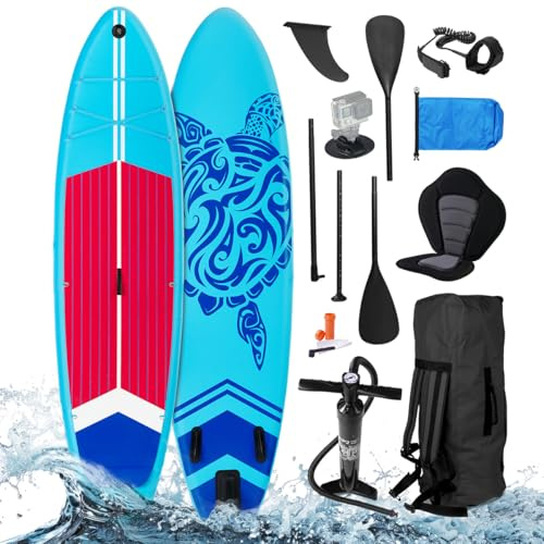 BRAST SUP Board Turtle | Aufblasbares Stand up Paddle Set | 320x81x15cm | 4 Designs | 5 Jahre Garantie | inkl. Sonderzubehör | 2in1 Paddel Kajak-Sitz Action-Cam-Halterung Fußschlaufe | Blau