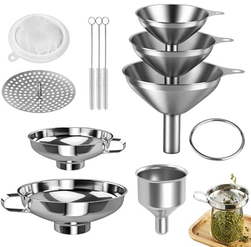 11 Stück Trichter Edelstahl Set für die Küche, mit Feinsieb und Reinigungsbürste Klein Trichter Küche mit Griff für Marmelade Öl Wein und Flüssigkeiten