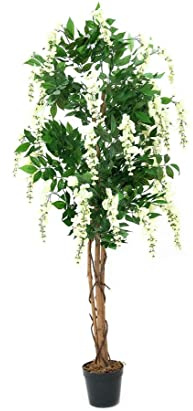 Künstlicher Goldregenbaum, weiße Blüten mit Naturstamm & Zementfuß 180cm hoch - Goldregen Kunstbaum