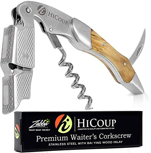 Hicoup Wine Opener - Professional Corkscrews for Wine Bottles w/Foil Cutter and Cap Remover - Manual Wine Key for Servers, Waiters, Bartenders and Home Use - Stainless Steel with Bai Ying Wood Inlay