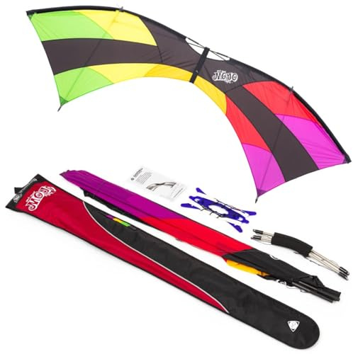 HQ Design - Mojo Rainbow Vierleiner Lenkdrachen Flugdrachen Drachen für Jugendliche und Erwachsene ab 12 Jahren, 75x222cm, inkl. 50kp Dyneemaschnüre 4x20m auf Quad-Griffen, 2-4 Bft