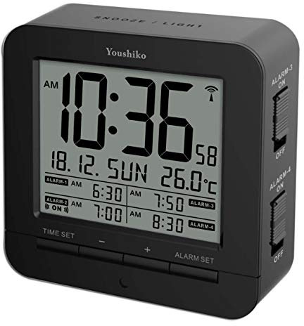 Youshiko Digital Radio Controlled (Official UK & Ireland Version) Alarm Clock with 4 Alarm Times & Automatic backlight with light sensor