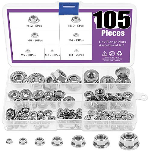 Swpeet - Set di 50 dadi a flangia metrica seghettati in acciaio inox 304, 7 misure – M3 M4 M5 M6 M8 M10 M12, Fnut, Assortment Kit
