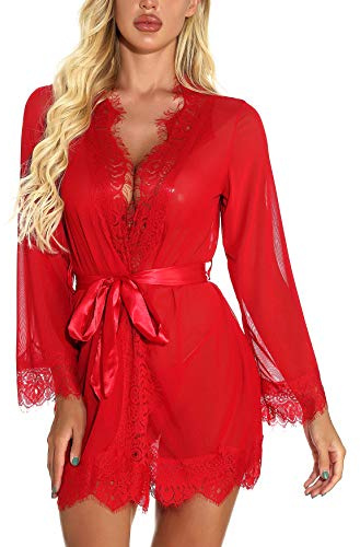 RSLOVE Abito sexy in pizzo Kimono Babydoll Lingerie da sposa Copricostume rosso S