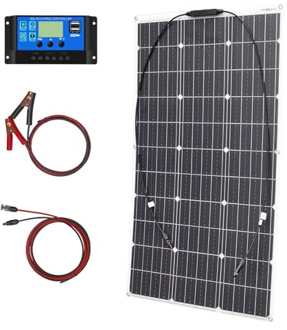 100W 12V Placa Solar Flexible Monocristalino Kit Panel Solar con 10A Controlador carga Solar y cable Solar 3 m para Autocaravana Caravana RV aislada Carga baterías