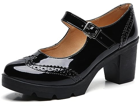 DADAWEN Women's Chunky Low Block Heels Mary Jane Closed Toe Work Pumps Comfortable Round Toe Oxfords Dress Wedding Shoes Black Patent US Size 7.5