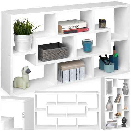 tectake® Libreria 85x16x48cm, Libreria Verticale, Mensole da Muro, Mensole da Parete Porta Libri, 8 Scaffali Salvaspazio per Libri, Piante, Foto, Arredamento Casa, Soggiorno, Camera da letto - Bianco