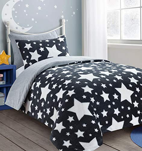 HOMES-LINEN Teddy Star Fleece Duvet Cover Set Soft Cosy Warm Kids Star Teddy Bear Bedding Set (Charcoal & Silver, Double)