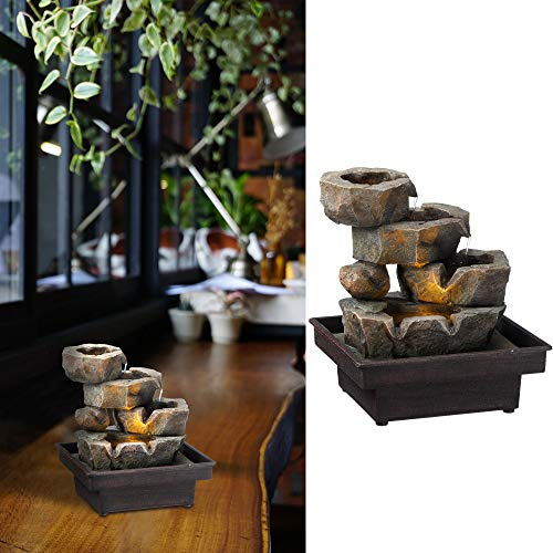 Zimmerbrunnen mit Beleuchtung │in Steinoptik Höhe 22 cm│Feng Shui Design │Springbrunnen mit Pumpe (1 x LED Brunnen Design6)