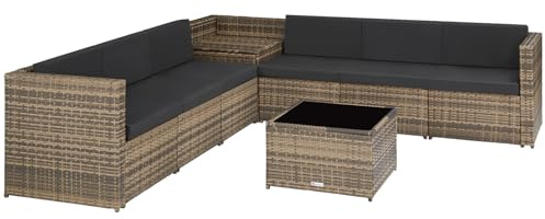 tectake® Loungeset bekväma utemöbler för 6 personer, uv-beständiga rottingmöbler, utefåtölj med kraftig stålram, bord med skiva i säkerhetsglas, stor förvaringslåda - Natur