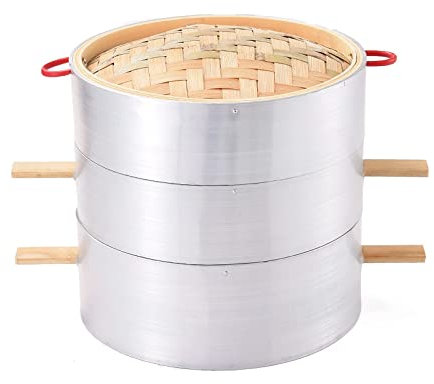 PIAOLING 3-stöckiger Bambus-Dämpfkorb, Dampfgarer, chinesischer Dampfgarkorb, Kanten aus Aluminiumlegierung für Reis, Dim Sum, Gemüse, gesundes Kochen von Fisch