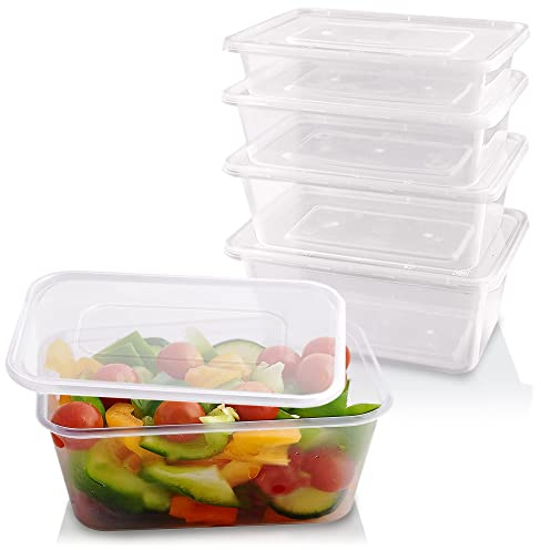 Sabco - Lot de 50 récipients en plastique transparent pour micro-ondes de 650 ml avec couvercles – Boîtes alimentaires idéales pour les plats à emporter et les restaurants – Sans BPA, passent au