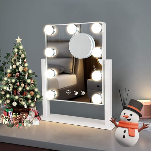 Depuley Hollywood Schminkspiegel mit Beleuchtung, 360° Drehbar Spiegel mit 3 Farbe Licht Umwandlung, 9 dimmbare Led Licht, weiß KosmetikB09WK8WTZYspiegel mit Licht für Schminktisch Bad Wohnzimmer