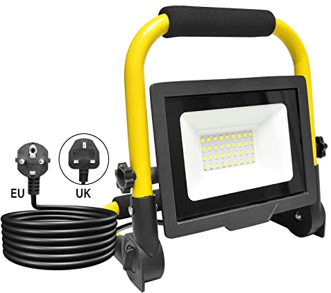 Willpower Faretto LED da Cantiere 30W, Faro LED Portatile 3000LM 6000K IP66 Impermeabile Cavo 3M Rotazione 180° con Staffa Pieghevole Lampada da Lavoro Proiettore LED per Esterno Officina Garage