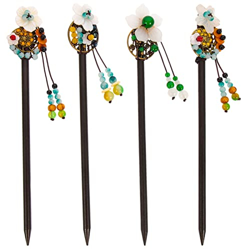 LALAFINA 4stücke Chinesische Haarnadeln Mit Holzblumenstick Für Frauen Traditionelles Japanisches Haaraccessoire Haarknotenhalter Für Lange Haare Chinesische Haarstäbe Für Hochzeit Und Part
