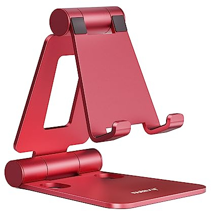 Nulaxy Dual Folding Cell Phone Stand, Fully Adjustable Foldable Desktop Phone Holder Cradle Dock Compatible with iPhone 17 16 15 14 13 12 11 Pro Max Xs Xr X 8, Nintendo Switch, All Phones - Red