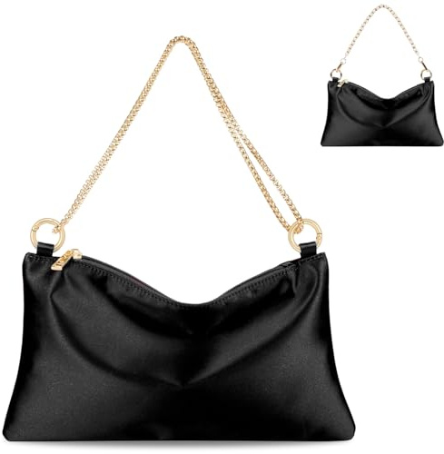 MGBPEI Women Satin Evening Handbag Wedding Prom Clutch Purse Formal Cocktail Party Clutches Shoulder Bag with 2 Bag Chains(Black)