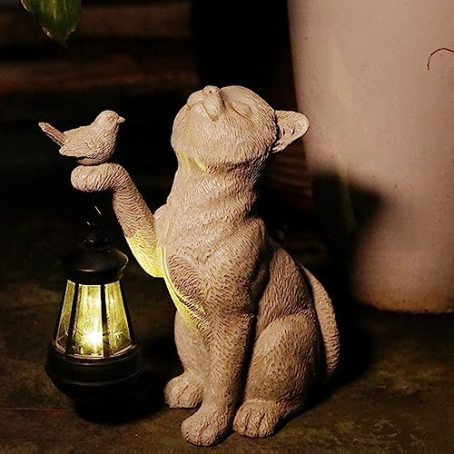 Fiorky Statues de Jardin de Chat Solaire, Lampe Solaire d'extérieur pour Animaux Décor de Jardin Statues de Chat en Résine avec Lumière d'Oiseau pour Cour Balcon Allée, Cadeau de Pendaison d