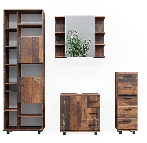 Vicco Badmöbel-Set Ilias, Eiche rustikal, 60 cm | besteht aus Waschbeckenunterschrank, Spiegelschrank, Hochschrank und Midischrank