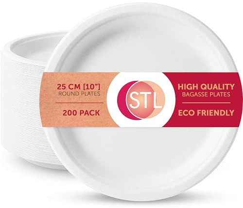 STL Strong Paper Plates (10 Inch / 200-Pack) 100% Compostable Heavy-Duty Eco-Friendly Disposable Bagasse Plates Made of Natural Sugarcane Fibers – Biodegradable Paper Plate