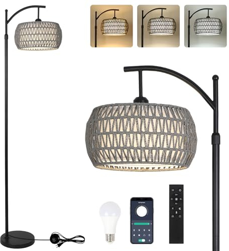 Arc Floor Lamp for Bedroom, Boho Standing Lamp with Remote & LED Smart Bulb, Rattan Floor Lamps for Living Room with 3 Color Temperatures, Height Adjustable Corner Tall Lamp, Stand up Light for Office