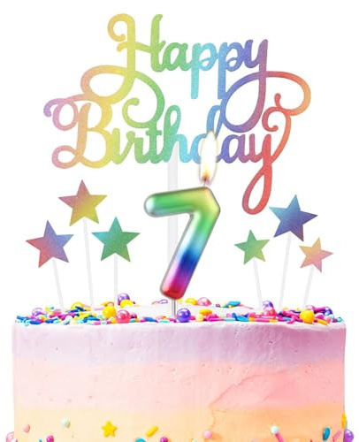 Geburtstagskerze mit der Zahl 7 in Regenbogenfarben, Kuchenaufsätze, Happy 7th Birthday, bunte Kuchenkerzen, Dekoration für Mädchen und Jungen