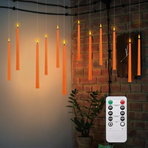 IMAGE 12 Stück batteriebetriebene Stabkerzen 3D Docht Elfenbein flammenlose Kerzen mit Fernbedienung und Timer, Flackernde schwebende kerzen, Für Weihnachten Halloween Party Baum deco, Orange
