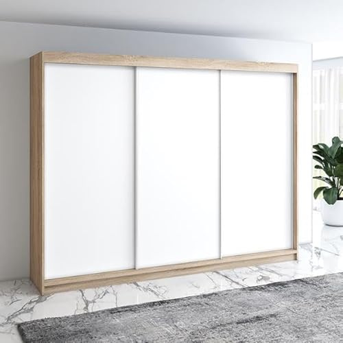 A&J MöbelLand Mero Schwebetürenschrank 200 cm, Kleiderschrank 3-türig mit 4 Schubladen (Sonoma/Weiß)
