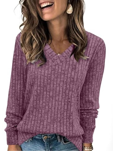 Aokosor Long Sleeve Tops Women UK- V Neck Jumpers for Women Ladies Basic Lightweight Tunic Purple Size 18-20