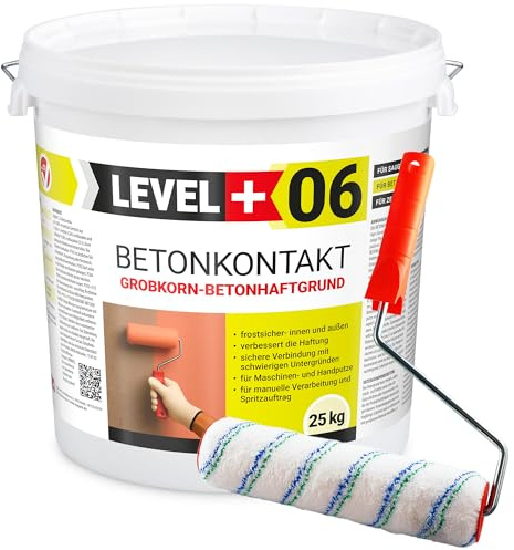 Level Plus 06 Betonkontakt Haftgrund mit Quarzsand für Beton & Keramik - Putzgrund und Haftbrücke für Innen & Außen - Grundierung für saugende und schwach saugende Untergründe - 25kg & Farbroller 25cm